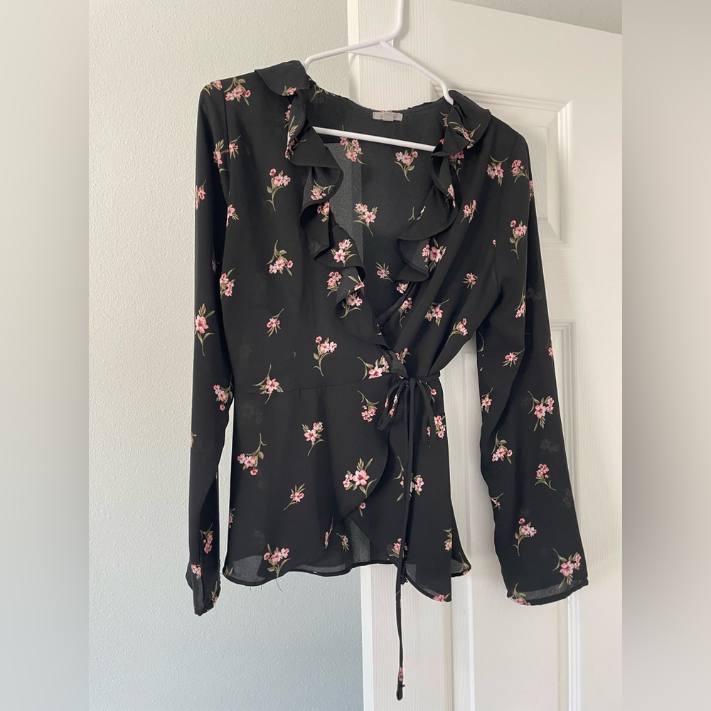 Ecote Black and Pink Ruffled Wrap Blouse